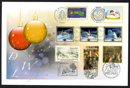 Drei Länder Luxusbrief Weihnachten 2014 Bund, Liechtenstein, Österreich, Schweiz