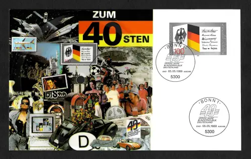 Bund 1989: 40 Jahre Bundesrepublik Deutschland, Maximumkarte mit Musik, FDC