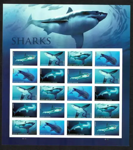 USA Forever 2018: sheet full of different sharks, mnh, postfrisch