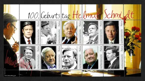 Liechtenstein: 100. Geburtstag von Helmut Schmidt, Bogen postfrisch