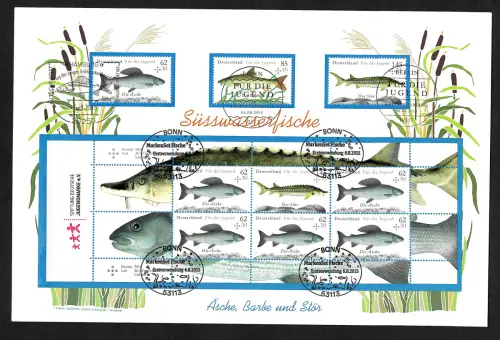Bund 2015: Süßwasserfische Äsche, Barbe und Stör, Zusammendrucke, FDC