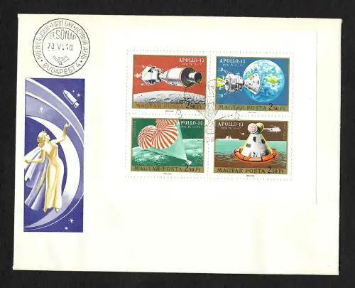 Ungarn 1970: Apollo 13, #2594-97, Kleinbogen gezähnt, FDC