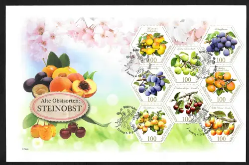Österreich 2017: Alte Obstsorten, Steinobst, gestempelter Großbogen, FDC