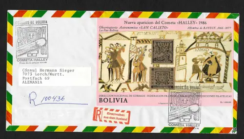 Bolivien 1986: Einschreiben, Block Halleyscher Komet, Block #152, FDC