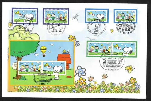 Bund 2018: Peanuts - Snoopy, 4x Marken mit Block, Luxusbrief