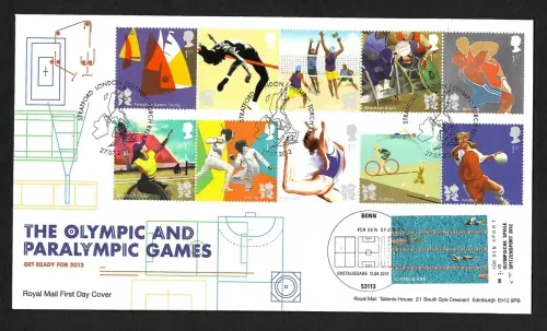 GB 2012: The Olympic and Paralympic Games, mit Deutscher Briefmarke FDC