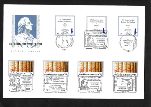 Bund 2009: 250.Geburtstag von Friedrich Schiller, Luxusbrief mit 7 Sonderstempel