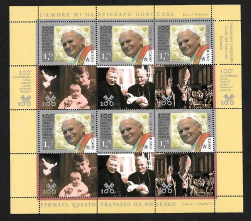 Vatikan 2020: 100. Geburtstag von Papst Johannes Paul II, Kleinbogen, postfrisch
