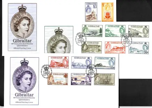Gibraltar 2013: 60. Jahrestag der 1. Serie Elizabeth II, 3x FDC