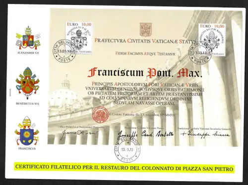 Vatikan 2013: Urkunden Block zur Restaurierung der Kolonnaden, Block #39