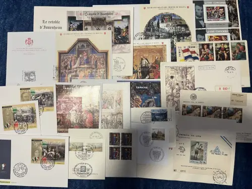 36x Gemälde Belege und Stempel, teils echt gelaufen, Sonderstempel