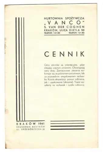 GG: Preisliste Lebensmittelgroßhandel, Hurtownia Spozywcza - Cennik 1941