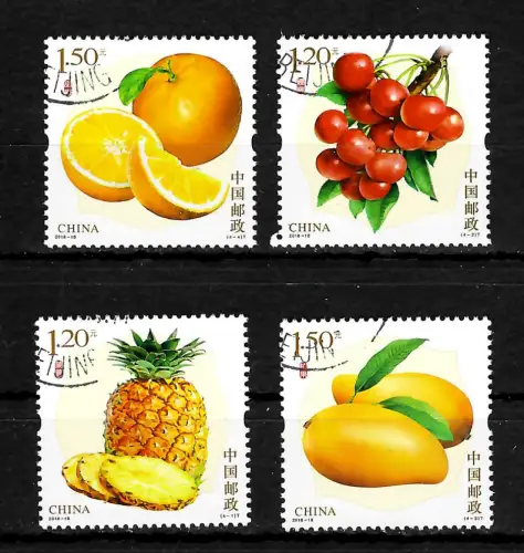 China 2018-18: Früchte: Ananas, Kirschen, Orangen, .. gestempelt