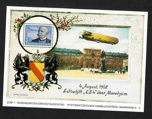 Vignettenblock 1908 Luftschiff LZ 4 über Mannheim, verausgabt zum Rosengarten GT