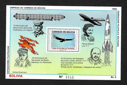 Bolivien 1992: Anniversary: Zeppelin, Rockets, planes, Richthofen, Hanna Reitsch
