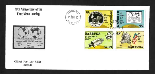 Barbuda 1980: 10 Jahre erste bemannte Mondfahrt, #483-486, FDC
