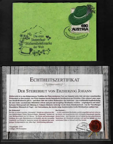 Österreich 2018: der erste Steirerhut-Stickereibriefmarke der Welt