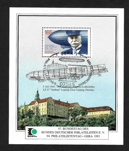 Bund 1993: Bundestag der Philatelisten Gera, Graf Zeppelin, Block gestempelt