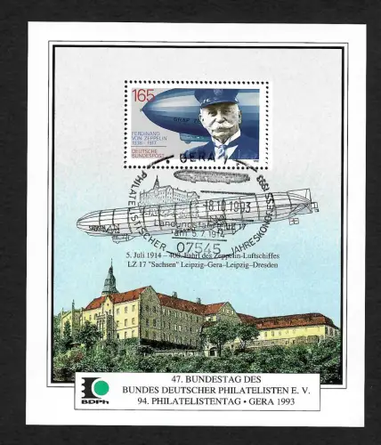 Bund 1993: Bundestag der Philatelisten Gera, Graf Zeppelin, Block gestempelt
