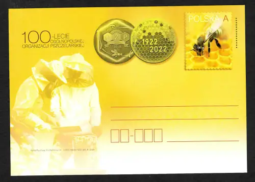 Polen 2022: Ganzsache 100 Jahre PZP, Biene, bee, postfrisch