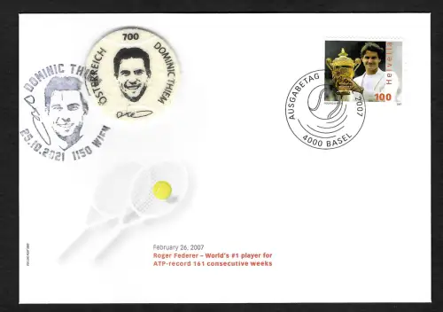 Schweiz 2007: Roger Federer und Dominic Thiem, Tennisball Briefmarke, FDC