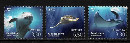 Kroatien 2021: Meerestiere, Schildkröte, Delphin, Rochen, postfrisch