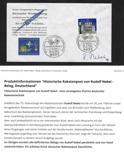 Bund 1964: Historische Raketenpost von Rudolf Nebel, Unterschrift