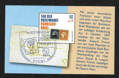 Bund 2021: Tag der Briefmarke, Bordeaux-Brief, gestempelt