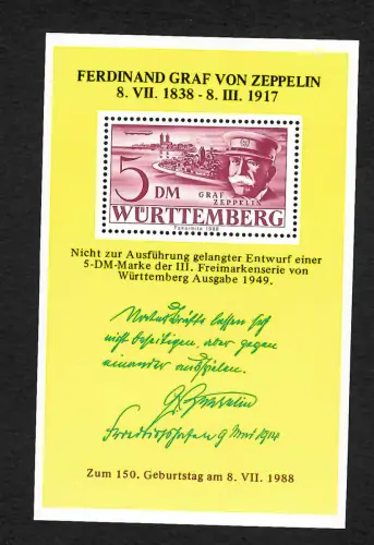 Ferdinand Graf von Zeppelin, geplanter Entwurf, Faksimile Block, Württemberg