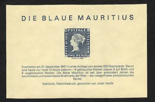 Mauritius: Die blaue Mauritius, Faksimileblock