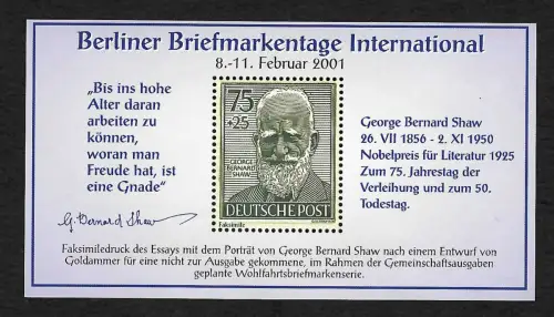 Berlin 2001 Faksimiledruck zu den Berliner Briefmarkentagen George Bernhard Shaw