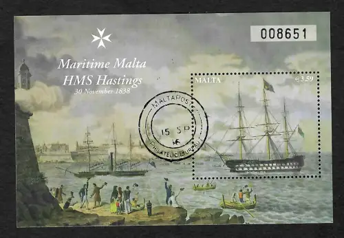 Malta 2016: Maritime Malta, HMS Hastings, Segelschiff, gestempelt