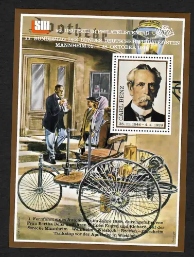 Deutscher Philatelitentag 1979, Carl Benz, Mannheim, Faksimileblock