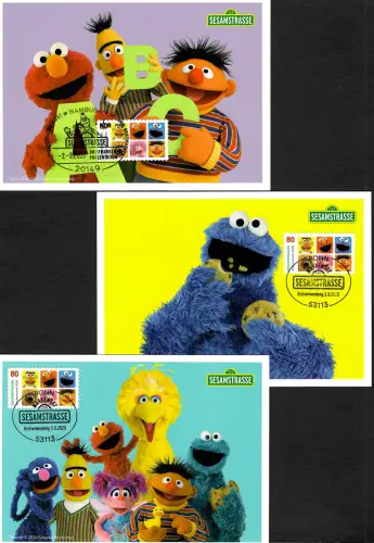 Bund 2020: Sesamstrasse - 3 Bildpostkarten, FDC