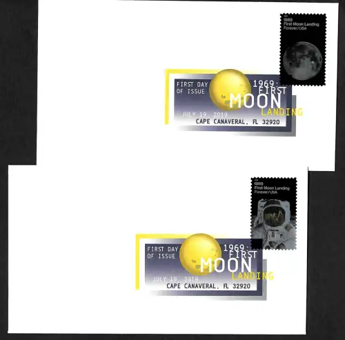 Forever USA 2019: 1969 First Moon Landing, colored cancel, 2x FDC