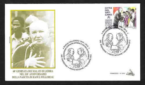 Vatikan 2013: 60. Welt-Lepratag, Geburtstag Raoul Follereau, #1789   FDC