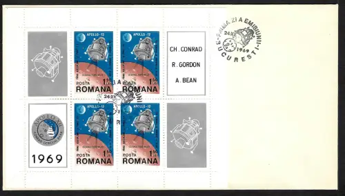 Rumänien 1969: 50 Jahre Mondlandung, Apollo 12, Contrad, Gordon, Bean, FDC
