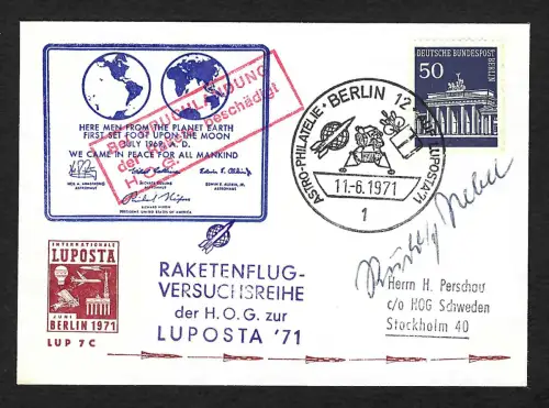 Berlin 1971: Raketenflug-Versuchsreihe: Bruchlandung, Autogramm Rudolf Nebel