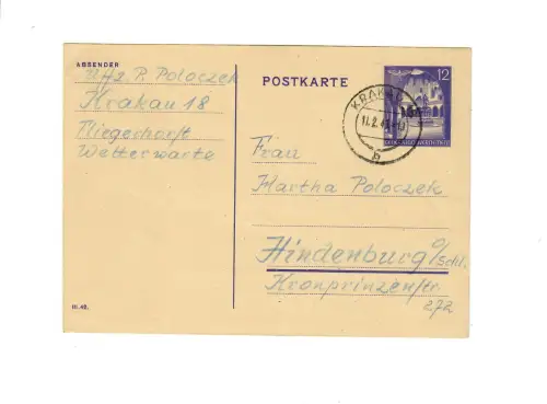 Ganzsache GG P 12 02:  11.2.43 Krakau Fliegerhorst nach Hindenburg