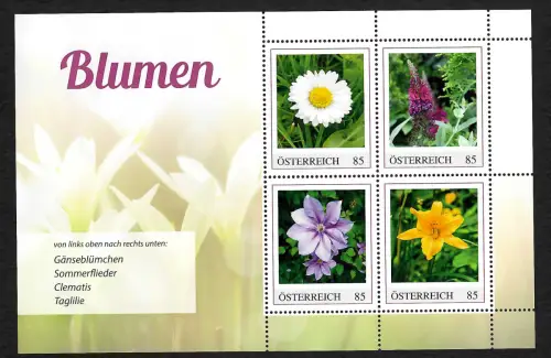 Österreich 2021: Blumen: Gänseblümchen, Sommerflieder, Clematis, Taglilie **