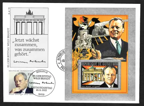 Bund 1993: 80. Geburtstag von Willi Brand, mit Block aus Guinea, FDC