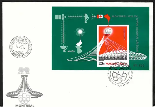 Ungarn 1976: Montreal, XXI. Olympische Spiele, Block #199 B, FDC