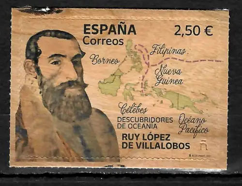 Spanien 2021: Ruy Lopez de Villalobos, Ozeanien, Holz-Briefmarke, postfrisch