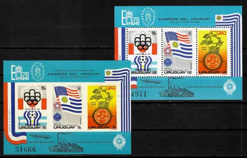 Uruguay 1975: UPU, Unabhängigkeit, Olympia 78 Montreal, 2x Blöcke,postfrisch