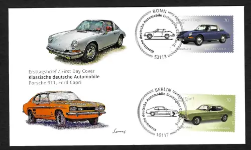 Bund 2016: Klassische deutsche Automobile, Porsche 911, Ford Capri, FDC