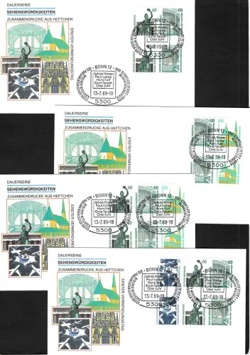 Bund 1989: Dauerserie Sehenswürdigkeiten, Zusammendrucke aus MH, FDC