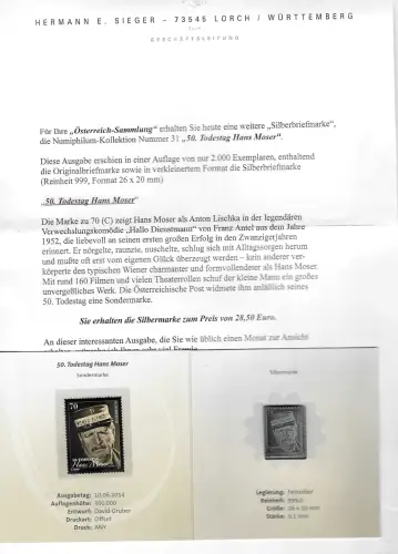 Österreich 2014: Silberbriefmarke Hans Moser, Nr. 31 mit Briefmarke postfrisch