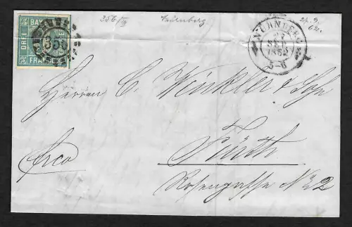 Bayern: Offener Mühlradstempel Nr. 355, MiNr. 2, Nürnberg 1862 nach Fürth