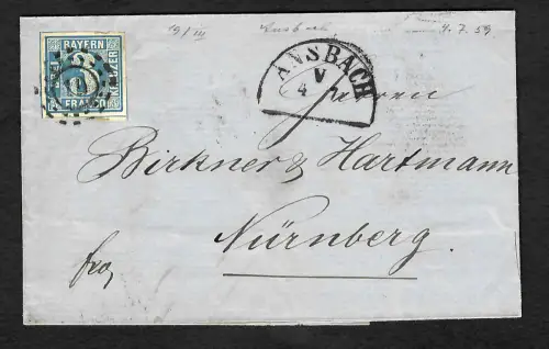 Bayern: Offener Mühlradstempel Nr. 19, MiNr. 2, Ansbach nach Nürnberg 1859