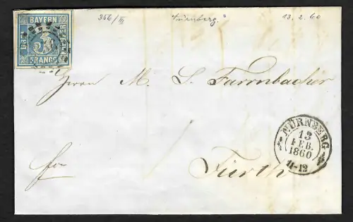 Bayern: Offener Mühlradstempel Nr. 356, MiNr. 2, Nürnberg 1860 nach Fürth